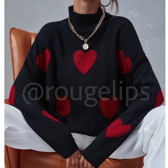 Rouge! Sweaters - Red Hearts on Black Knit Pullover Sweater Stretchy Long Sleeve High Neck